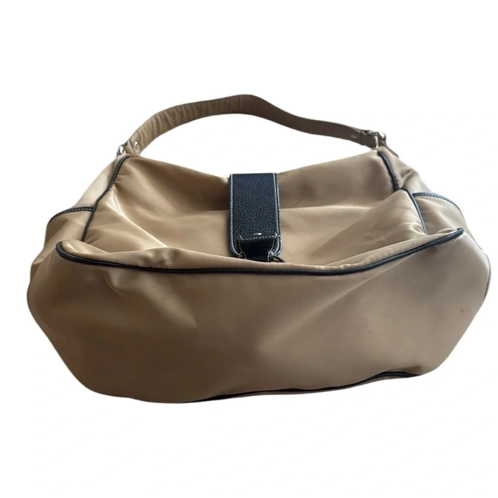 Talbots Tan And Black Trim Nylon And Leather Soft Hobo Bag